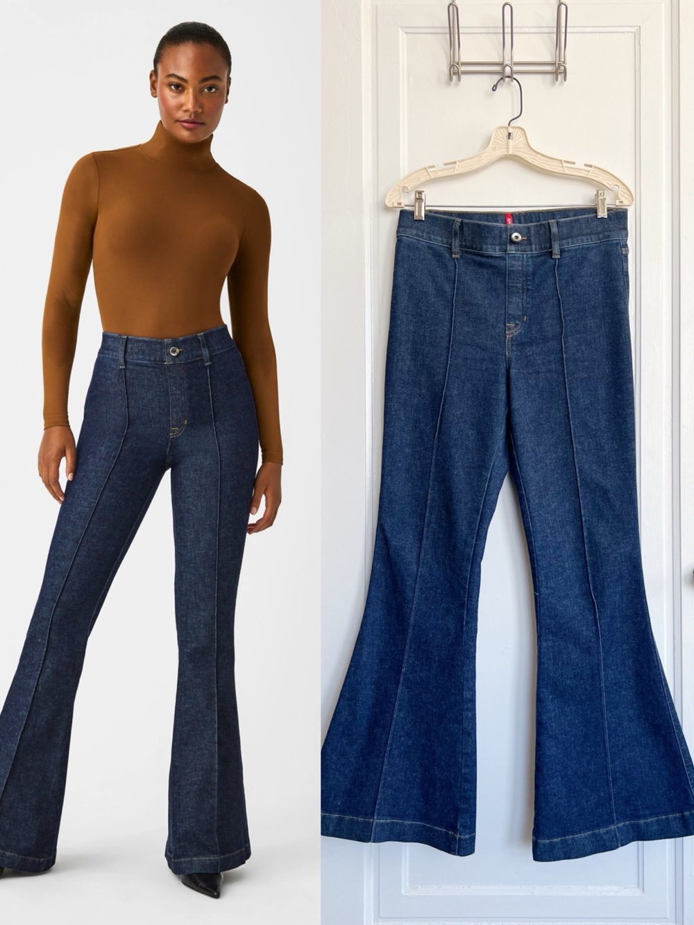 SPANX • Pintuck Flare Jeans pull on high rise bell bottom Raw Indigo dark wash